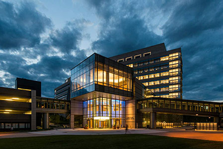 Albert Sherman Center building at dusk